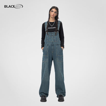 GUJI—179 Women's Loose Fit Denim Overalls With Multiple Pockets, Wide-Leg Autumn Suspender Pants Denim Cargos Fashion