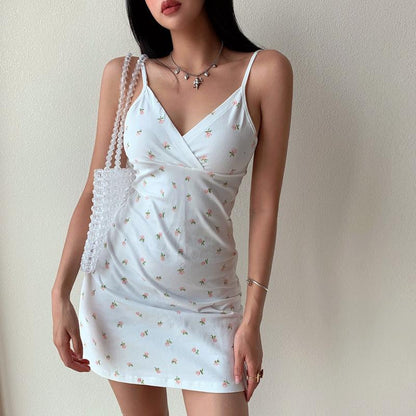 GUJI—330 Fashion V-Neck Floral Print Spaghetti Strap Dress