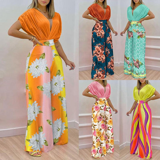 GUJI—291 New Ins-Inspired V-Neck Floral Print Wide-Leg Pants Fashion Casual Set