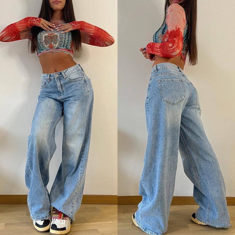 GUJI—323 Vintage High-Waisted Loose-Fit Wide-Leg Straight Denim Pants For Women