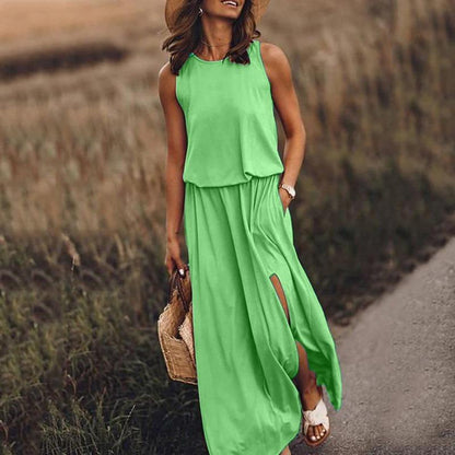 GUJI—331 Simple Sleeveless Round Neck Slit Dress