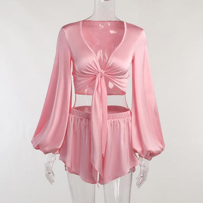 GUJI—50 Pink Lantern Sleeve V-Neck Top With Foreign Trade Vacation Style Sexy Crop Top With Tie-Up Shorts Setfashion