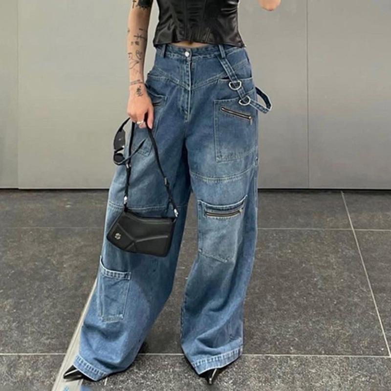 GUJI—221 Women's 2024 New Arrival Ribbon Detail Straight-Leg Wide-Leg Denim Pants