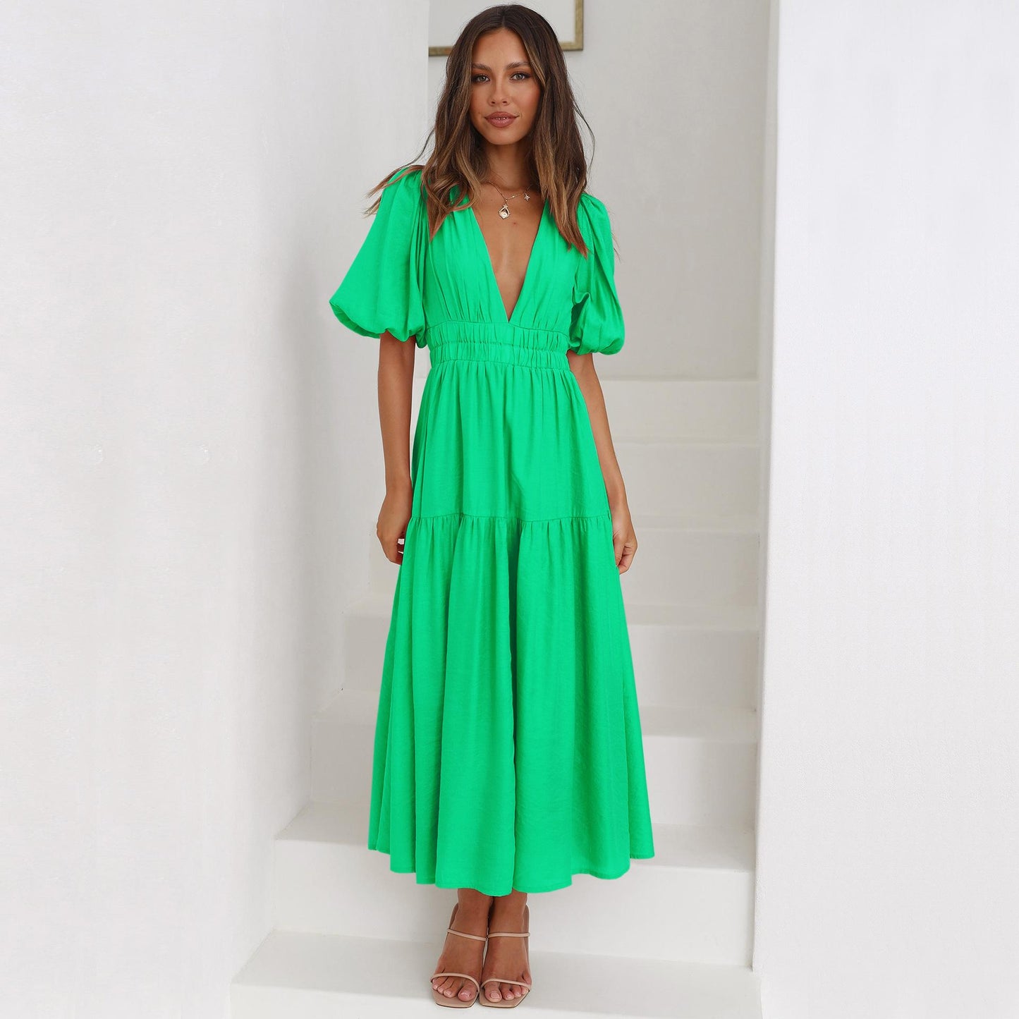 GUJI—327 Summer New High-End Deep V-Neck Puff Sleeve Vacation Dress