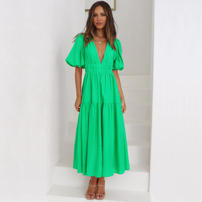 GUJI—327 Summer New High-End Deep V-Neck Puff Sleeve Vacation Dress