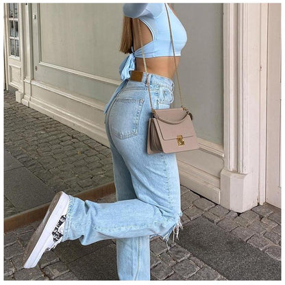 GUJI—68 New High-Waisted Straight-Leg Water Washed Denim Jeans INS Commuter Blue Long Pants Cotton Women's Perfect Denim Casual Low Waistfashion