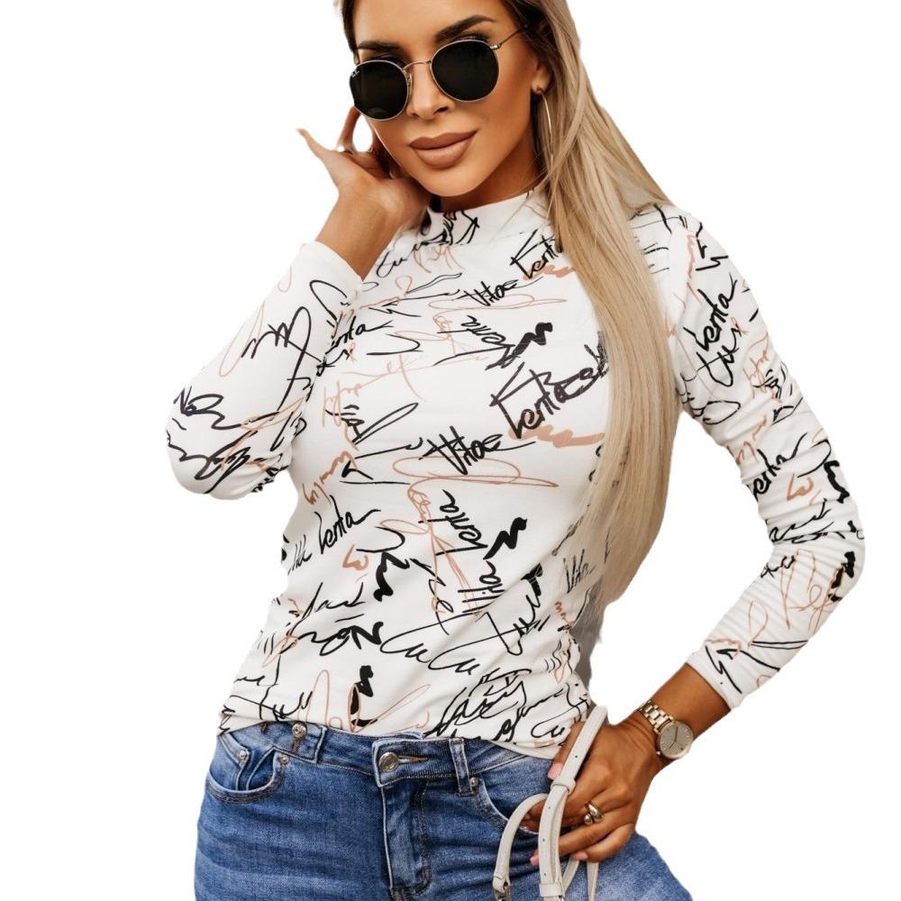 GUJI—-112 New Autumn/Winter Slim Fit Long Sleeve Top With Printfashion Solid Chic T-shirts