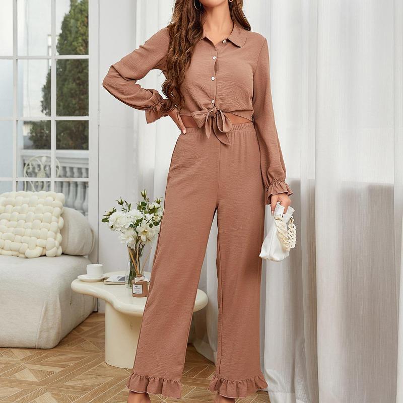 GUJI—278 Women's Ruffle Trim Cardigan And Pants Pajama Set - Autumn/Winter Loungewear Pajamas Sleepwear