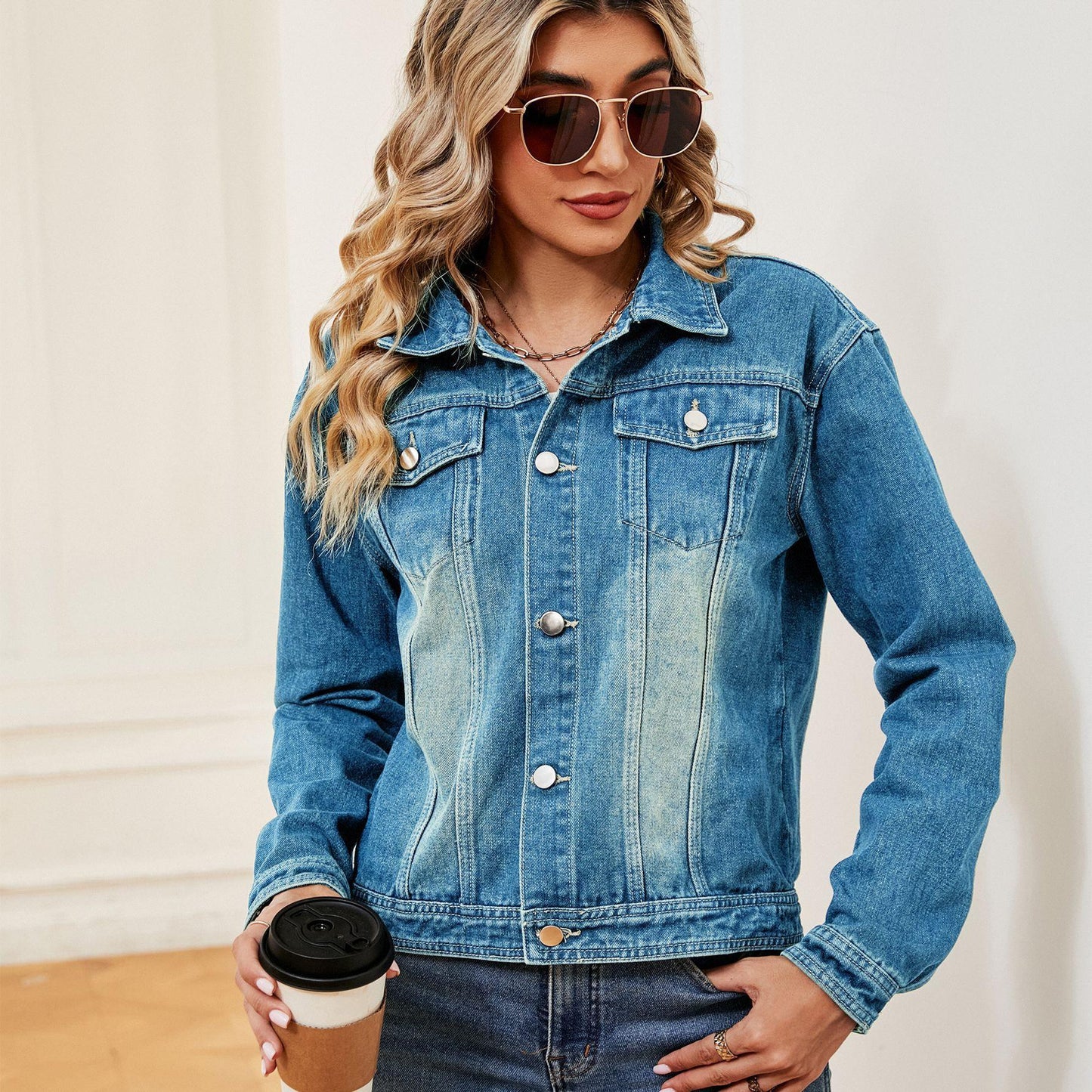 GUJI—-98 New Washed Denim Long Sleeve Casual Jacketfashion mitsycroptop baggy shirt denim bolero plain minimalist coats regular sleeve fashion denim jacke