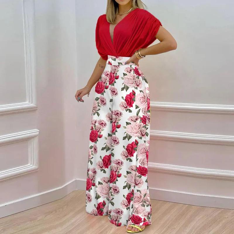 GUJI—291 New Ins-Inspired V-Neck Floral Print Wide-Leg Pants Fashion Casual Set