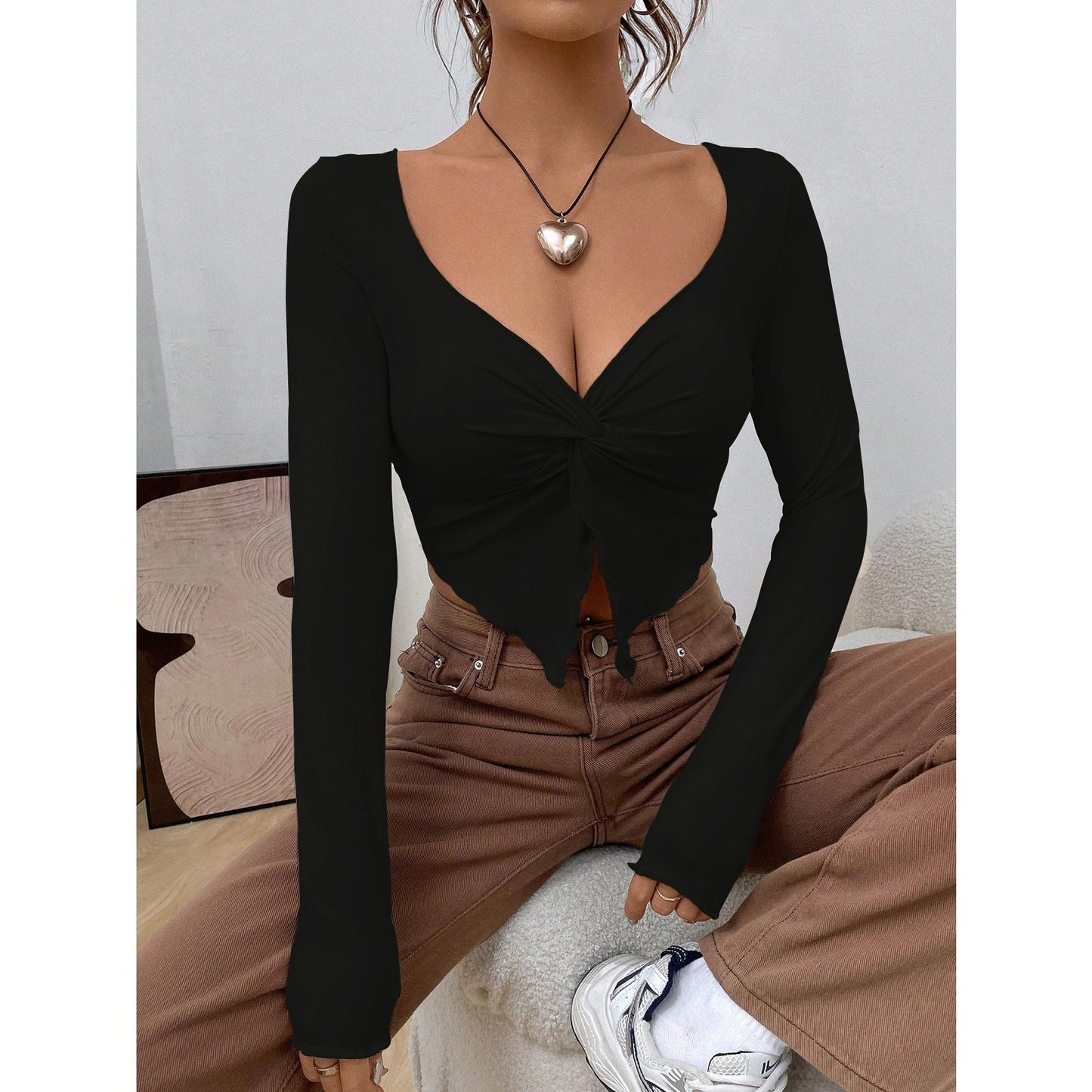 GUJI—-82 Women's 2024 Fall/Winter New Slim Fit V-Neck Knotted Fashion Knit Cropped Long Sleeve Topfashion baggy shirt regular sleeve fashion