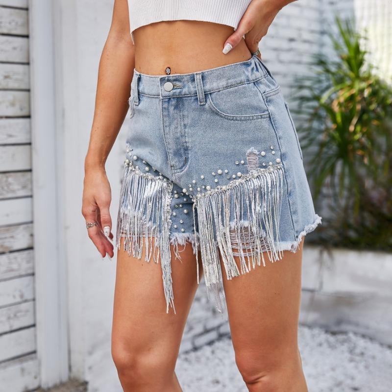 GUJI—-110 Water Washed Denim Shorts With Rhinestone Studs And Fringe - Hot Shorts Women S Cropped Denimfashion plain sexy jeanskirt