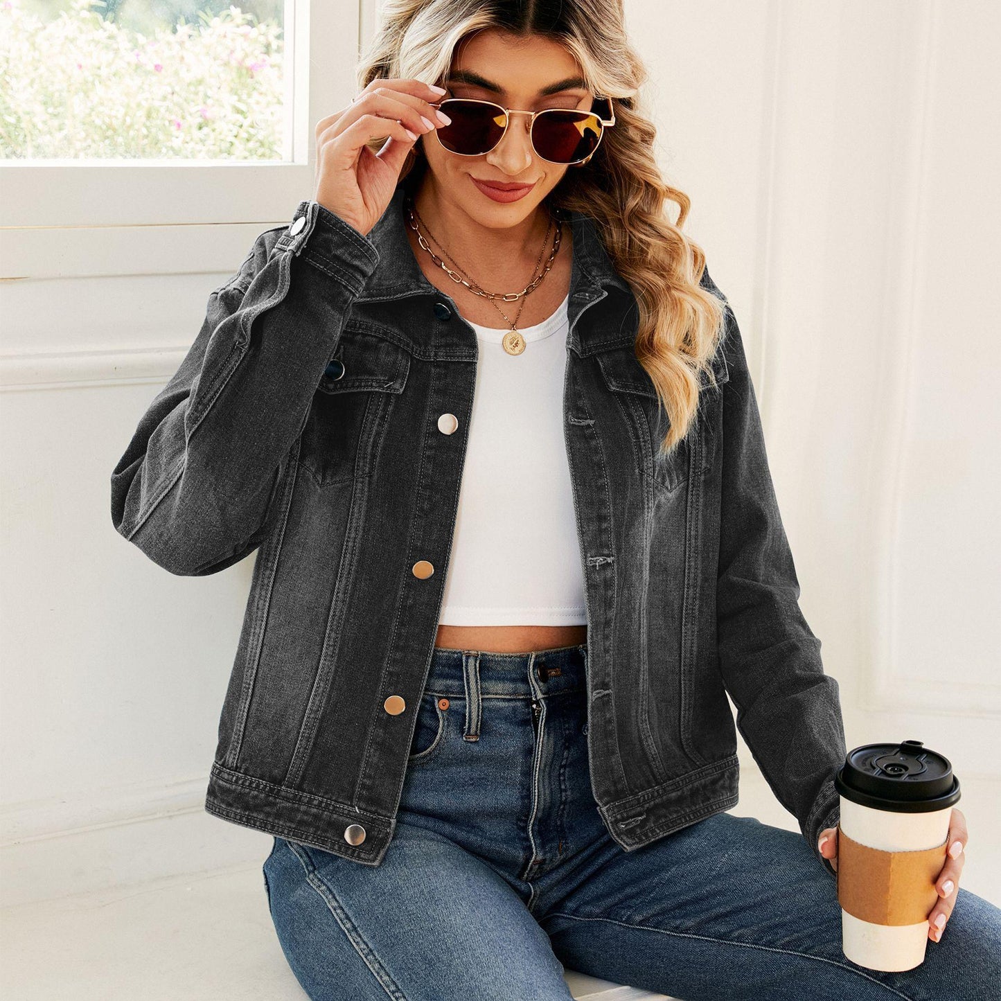 GUJI—-98 New Washed Denim Long Sleeve Casual Jacketfashion mitsycroptop baggy shirt denim bolero plain minimalist coats regular sleeve fashion denim jacke