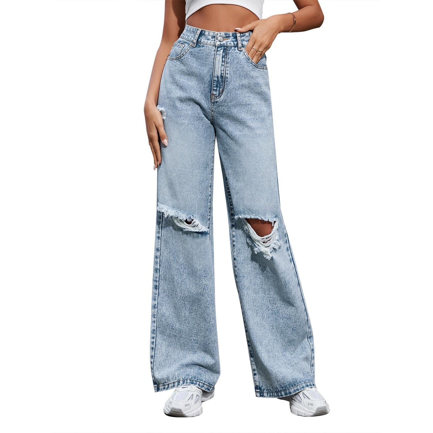 GUJI—175 INS Fashion High-Waisted Wide-Leg Distressed Denim Pants Distressed Denim Fashion unisex pants