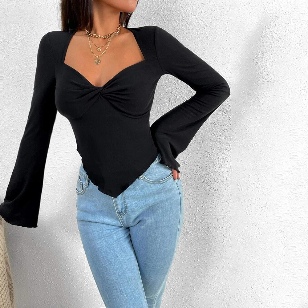 GUJI—-88 Women's Vacation V-Neck Flared Sleeve Irregular Waist Knit Long Sleeve T-Shirt Topfashion white tanktop slim-fitting fashion basic tanktop