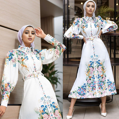 GUJI—29 Women's Printed Mid-Waist Long Dress With Fashionable Lantern Sleeves And Turn-Down Collar Pretty Dress Fashion church outfits