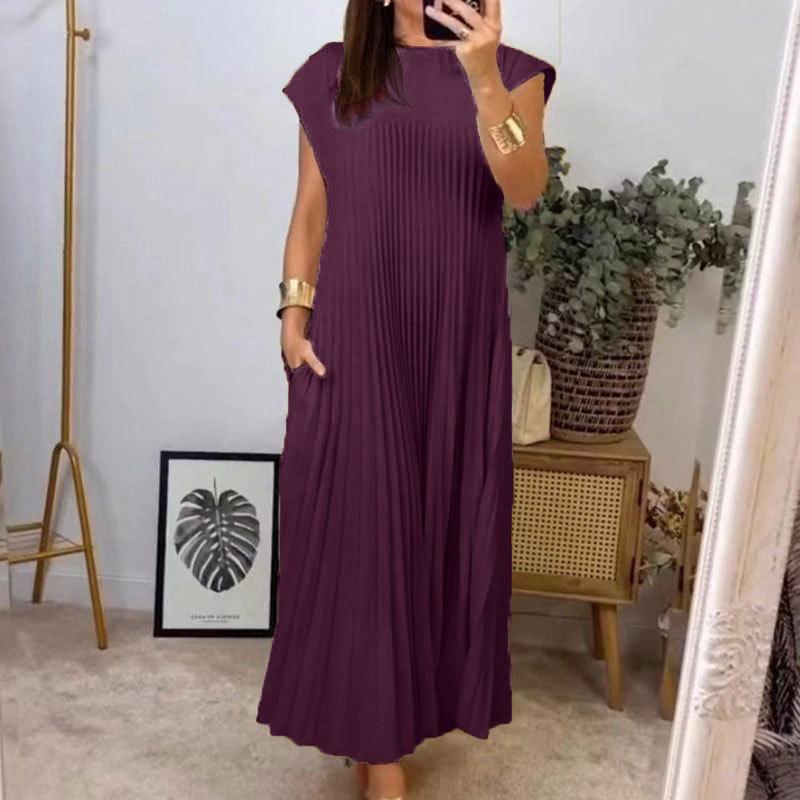 GUJI—302 Elegant Sleeveless Pleated Maxi Dress With Round Neckline