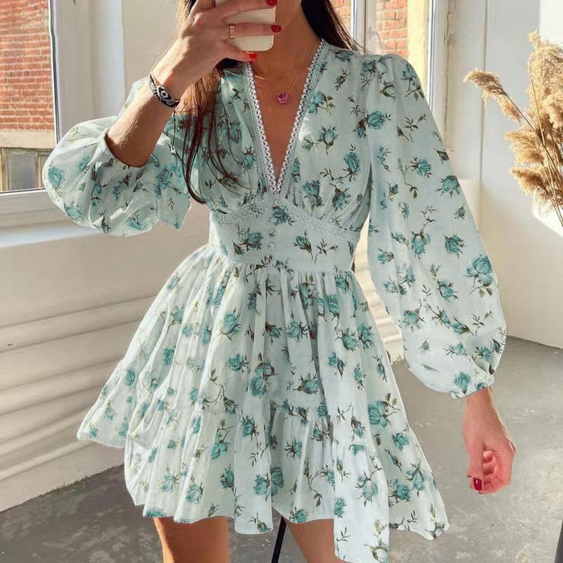 GUJI—288 Summer Women's New Fashion Export Quality Sweet Floral Print V-Neck Cropped Dress