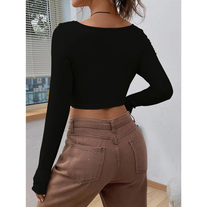 GUJI—-82 Women's 2024 Fall/Winter New Slim Fit V-Neck Knotted Fashion Knit Cropped Long Sleeve Topfashion baggy shirt regular sleeve fashion