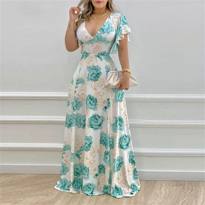 GUJI—299 Summer Floral Print V-Neck Cinched Waist A-Line Dress