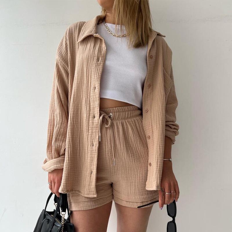 GUJI—42 Women's Three-Piece Set: Crinkled Fabric Long-Sleeve Shirt With Turn-Down Collar And High-Waist Drawstring Shorts, Plus-Size Fashionable Casual Outfit Linen Fashion