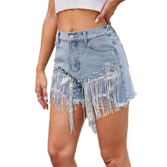 GUJI—-110 Water Washed Denim Shorts With Rhinestone Studs And Fringe - Hot Shorts Women S Cropped Denimfashion plain sexy jeanskirt