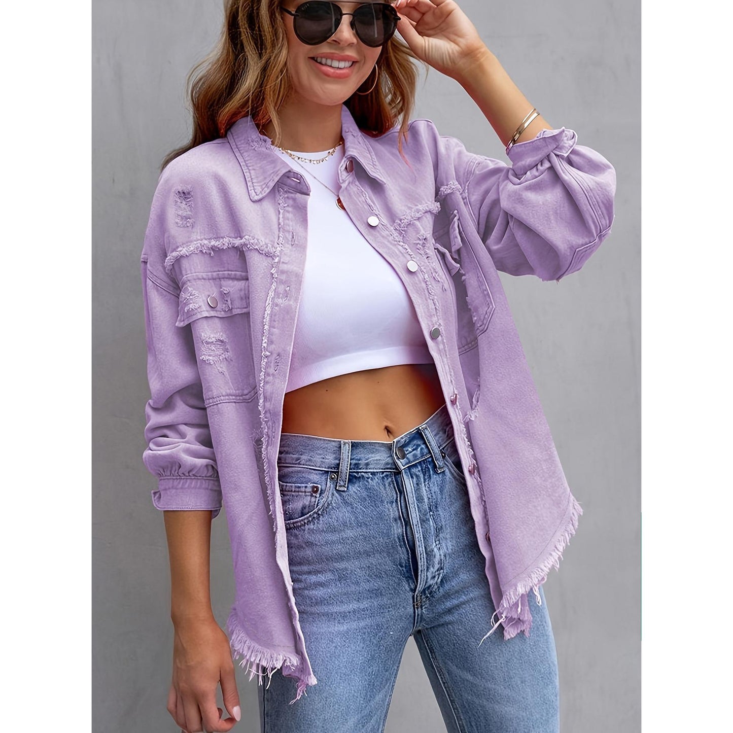 GUJI—321 Solid Color Distressed Mid-Length Long-Sleeve Denim Jacket For Women baggy denim jacke