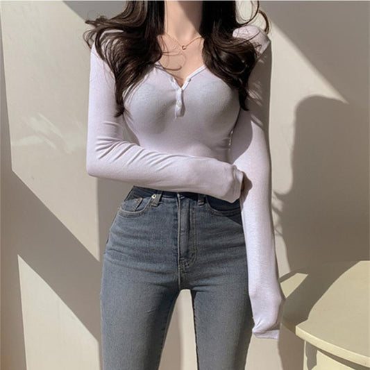 GUJI—15 Women's New Fashion Button-Detail Base Shirt, Slim Fit Long Sleeve Top Fashion baggy shirt