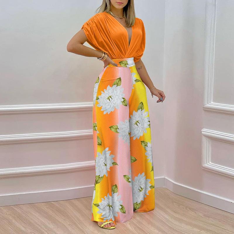 GUJI—291 New Ins-Inspired V-Neck Floral Print Wide-Leg Pants Fashion Casual Set