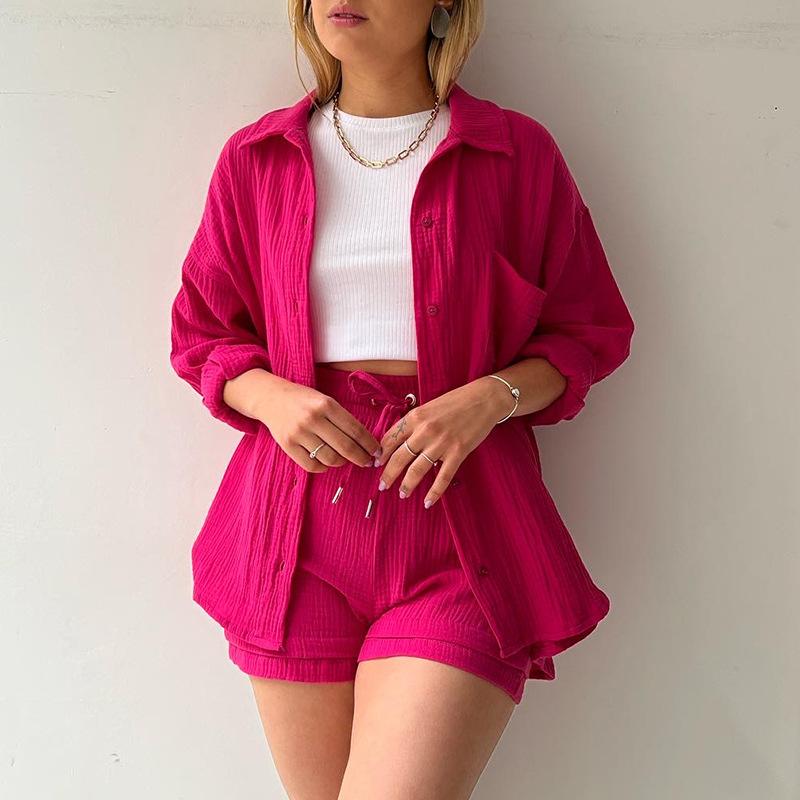 GUJI—42 Women's Three-Piece Set: Crinkled Fabric Long-Sleeve Shirt With Turn-Down Collar And High-Waist Drawstring Shorts, Plus-Size Fashionable Casual Outfit Linen Fashion