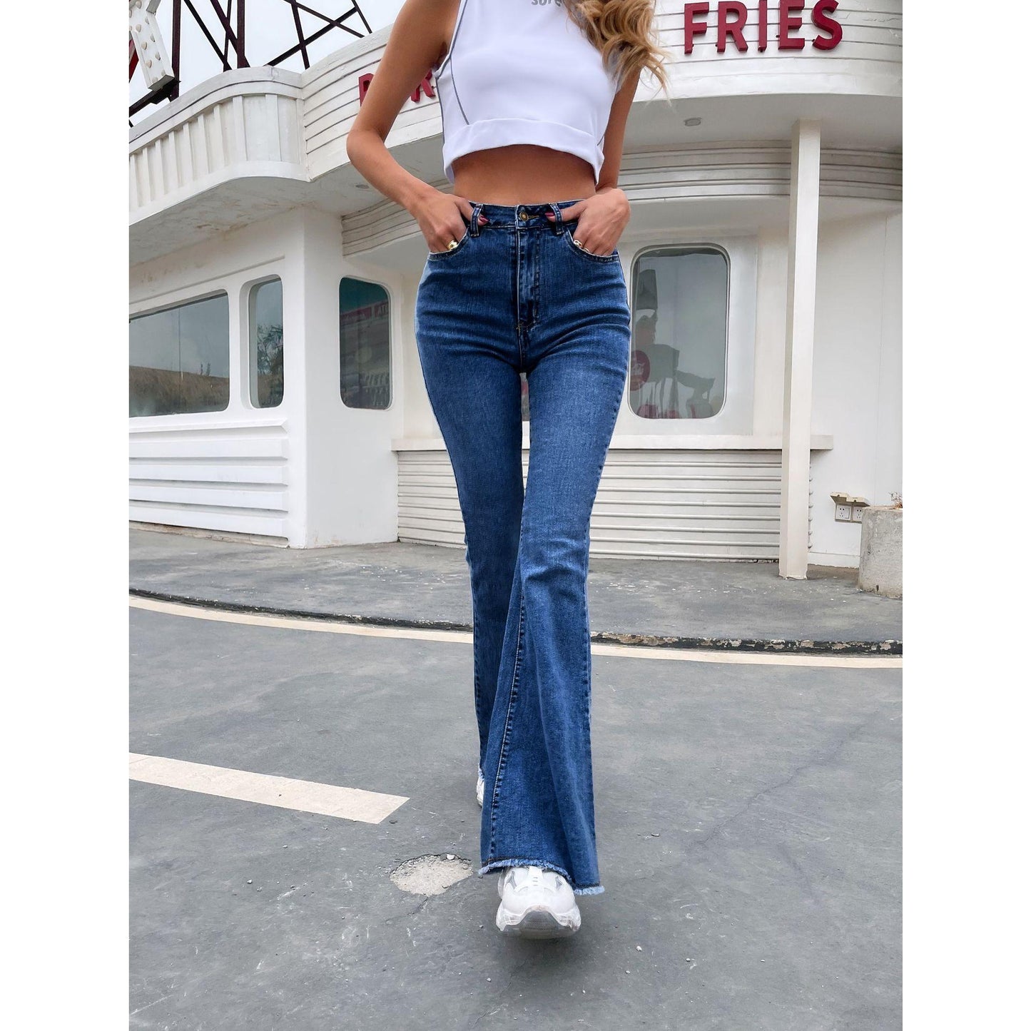 GUJI—191 High-Waisted Spring And Autumn New Style Flared Wide-Leg Elastic Slimming Patchwork Denim Bell-Bottom Pants Fashion teacher clothes