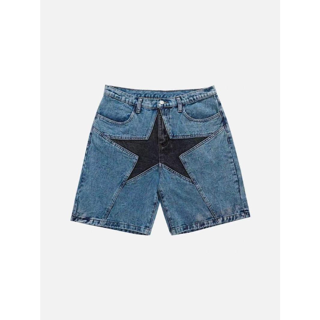 GUJI—233 Fashion Street Style Loose Color-Block Star Patch Denim Shorts