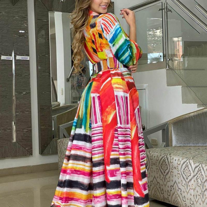 GUJI—244 2024 New Colorful Printed Tie-Waist Long Shirt Dress - Loose Open Cardigan Maxi Dress