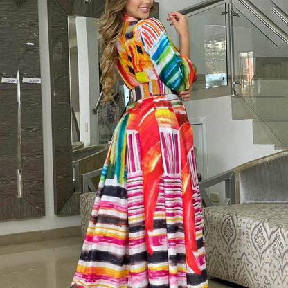 GUJI—244 2024 New Colorful Printed Tie-Waist Long Shirt Dress - Loose Open Cardigan Maxi Dress