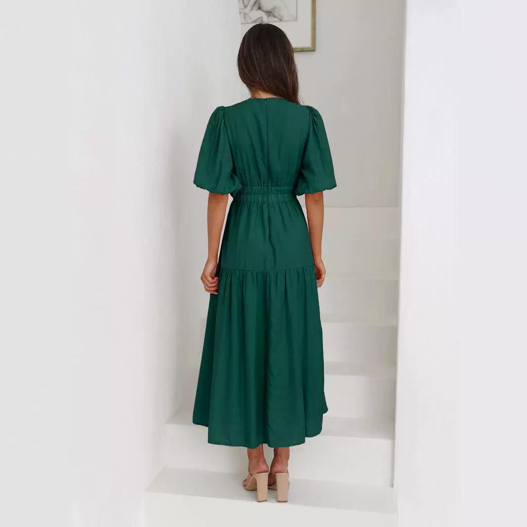 GUJI—327 Summer New High-End Deep V-Neck Puff Sleeve Vacation Dress