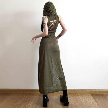 GUJI—250 Hooded Sleeveless Cutout Maxi Dress With Slits