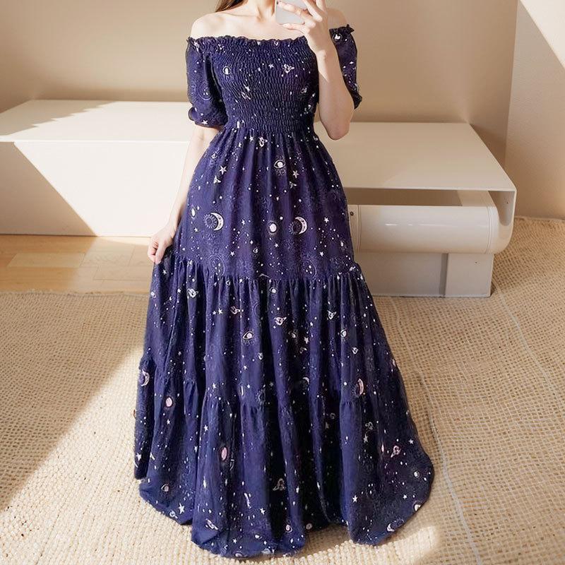 GUJI—397 Women's Off-Shoulder Fashionable Floral Print Long Dress