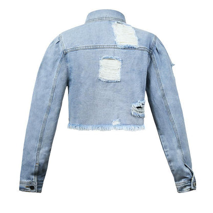 GUJI—-96 Buttoned Washed Ripped Frayed Fashion Women's Denim Jacketfashion