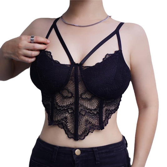 GUJI—158 Lace Wireless Bandage Fishbone Hollow Short Camisole Vest Top Undershirt Cute Lace Bra Comfort Fit Womenswear Elegance Everyday Fashion Top Fashion mitsycroptop baggy shirt blusas linda regular sleeve fashion black fits