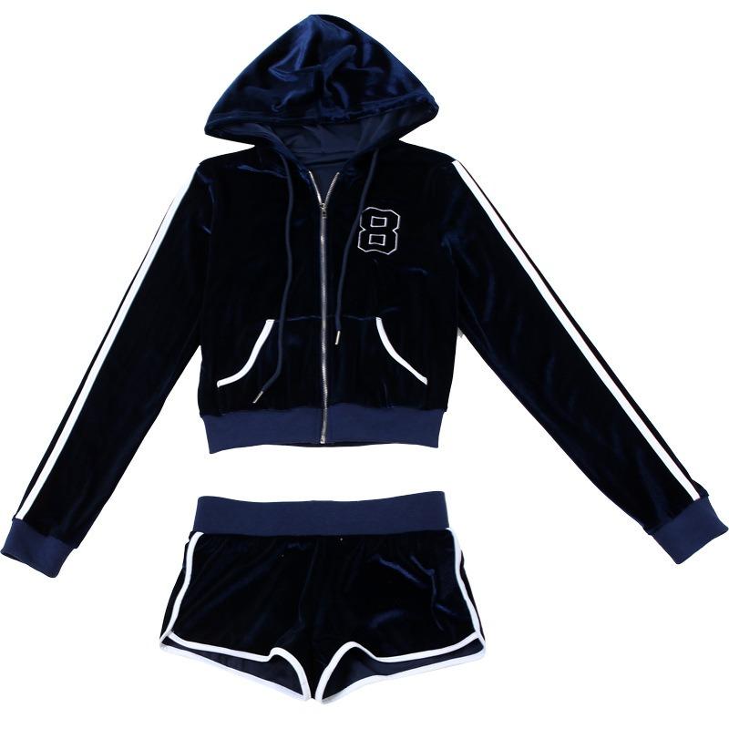 GUJI—344 New Color-Block Drawstring Hoodie Jacket And Shorts Sports Set