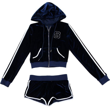 GUJI—344 New Color-Block Drawstring Hoodie Jacket And Shorts Sports Set