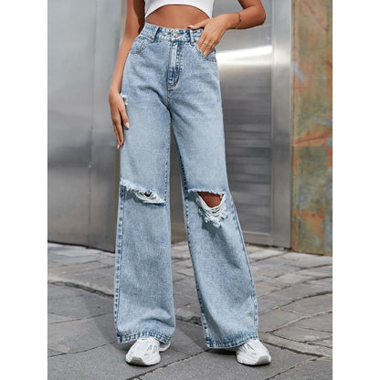 GUJI—175 INS Fashion High-Waisted Wide-Leg Distressed Denim Pants Distressed Denim Fashion unisex pants