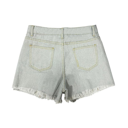 GUJI—-108 Women's High-Waisted Ripped Fringe Denim Shorts Women S Cropped Denim Lowrise Denimfashion pants slim-fitting casual jeans