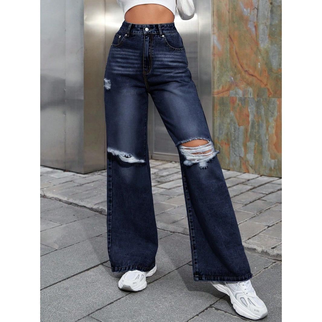 GUJI—175 INS Fashion High-Waisted Wide-Leg Distressed Denim Pants Distressed Denim Fashion unisex pants