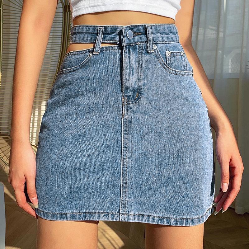 GUJI—-79 New Style Single Side Hollow Out Denim Half Skirt Cropped Denimfashion Distressed Denim Fitted Fashion Midi Skirt cropped denim wrangler jeans unisex pants