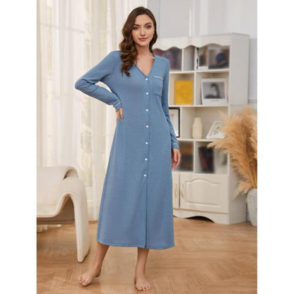 GUJI—270 Long-Sleeve Waffle Knit Nightdress For Women - Autumn/Winter Long Home Shirt Dress, Suitable For Outerwear Pajamas Sleepwear