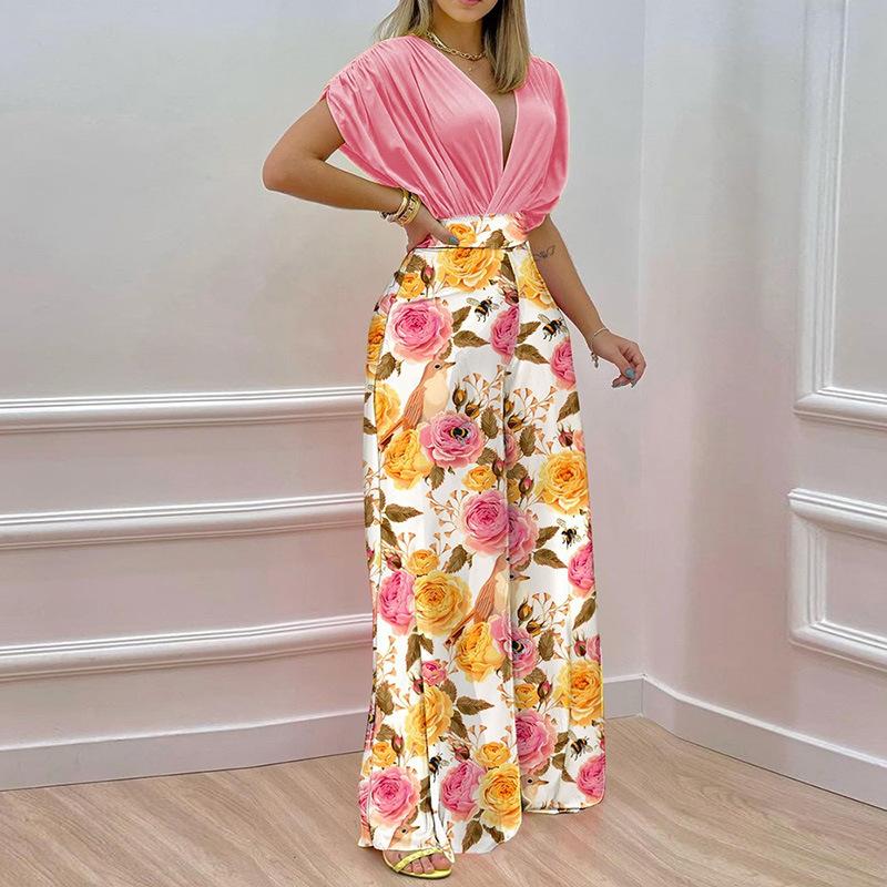 GUJI—291 New Ins-Inspired V-Neck Floral Print Wide-Leg Pants Fashion Casual Set