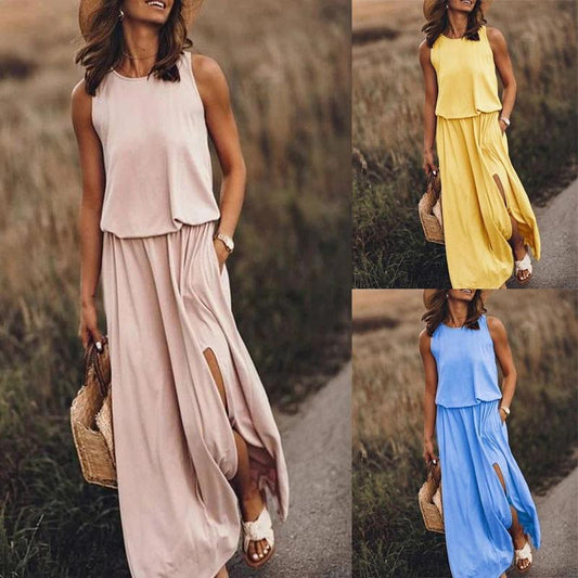 GUJI—331 Simple Sleeveless Round Neck Slit Dress