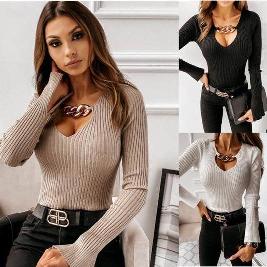 GUJI—19 Elegant Style Mock Neck Long Sleeve V-neck Slim Fit Women's Knit T-shirt Fashion Solid Chic plain minimalist white tanktop she in