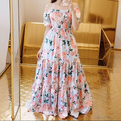 GUJI—397 Women's Off-Shoulder Fashionable Floral Print Long Dress